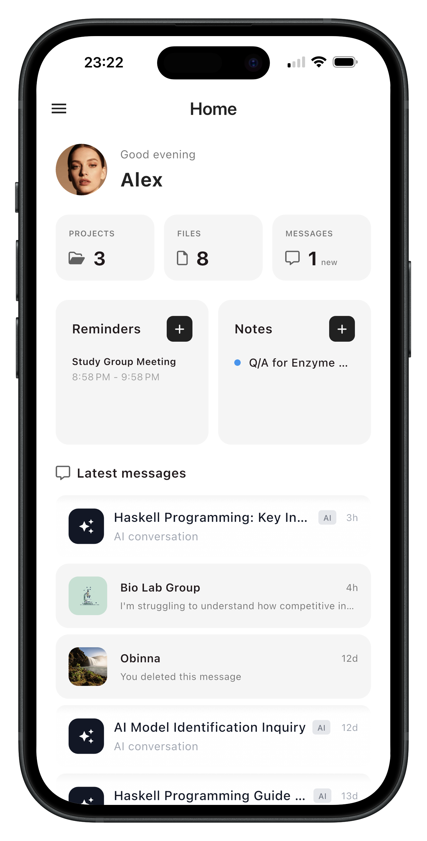 Normi app home screen showing projects, files, reminders, notes, and AI conversations in one workspace